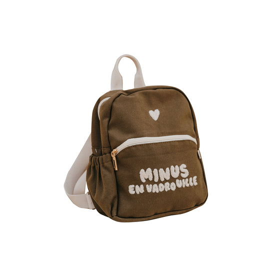 Sac à dos enfant kaki brodé “Minus en vadrouille” Zakuw