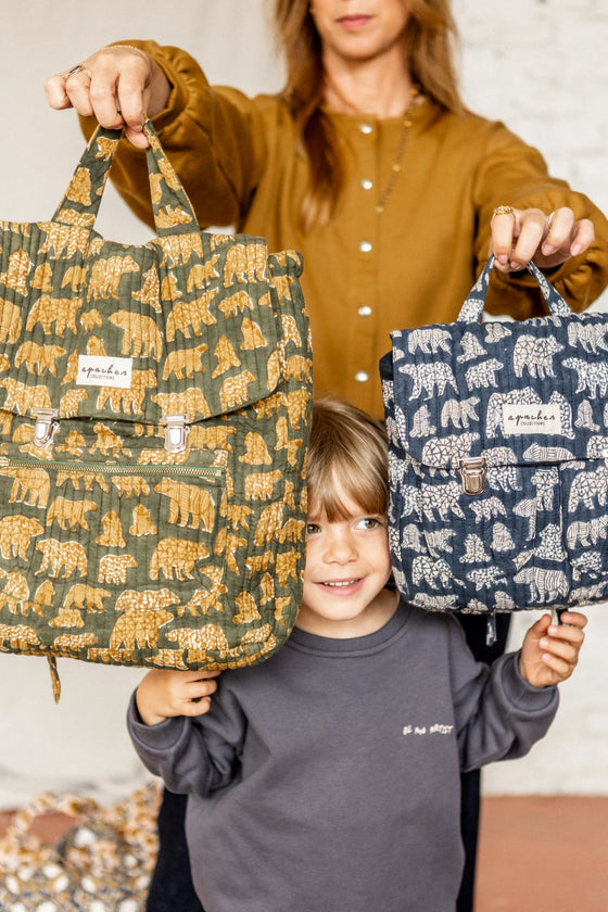 Sac à dos enfant Apaches Suji Ours bleu marine avec imprimé ours crème
