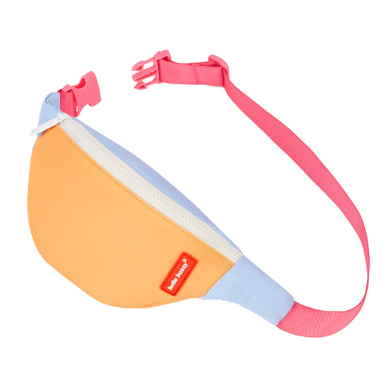 Sac banane enfant Hello Hossy Mini Indiana avec couleurs orange, bleu ciel et rose, fermeture blanche, ceinture réglable rose