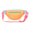 Sac banane enfant Hello Hossy Mini Indiana avec couleurs orange, bleu ciel et rose, fermeture blanche, ceinture réglable rose