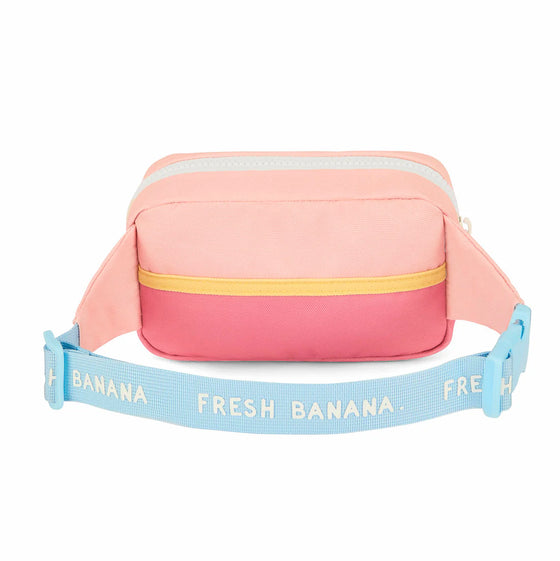 Sac banane enfant Hello Hossy modèle Lola rose pastel avec ceinture bleue et broderie chaussure fleurie