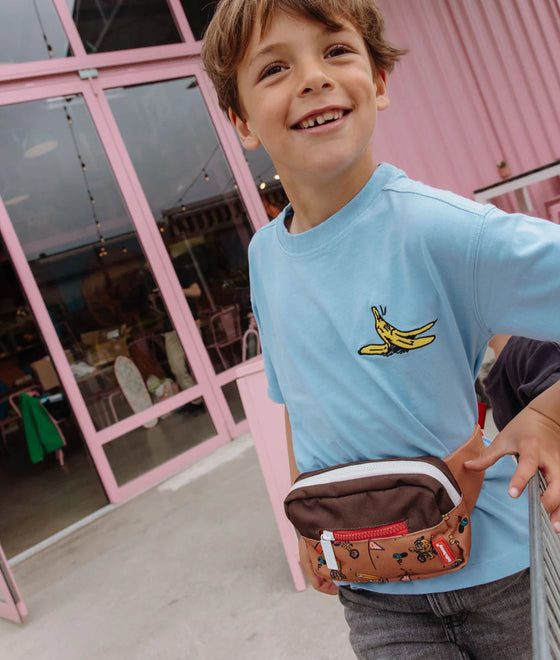 Sac banane enfant Hello Hossy Mascots Ride orange et marron avec mascottes à vélo et ceinture rouge