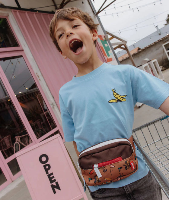 Sac banane enfant Hello Hossy Mascots Ride orange et marron avec mascottes à vélo et ceinture rouge