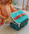 Sac repas isotherme Disco Roar Hello Hossy turquoise avec motifs DJ et poignée rose