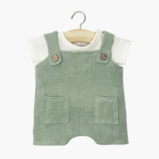 Salopette Antonin vert sauge en gaze de coton avec t-shirt écru pour poupées Babies Minikane