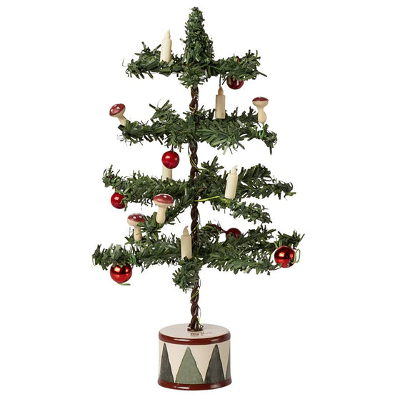 Sapin de Noël Maileg décoratif avec bougies et boules rouges sur socle peint