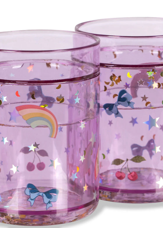 Set de 2 gobelets enfant pailletés violets Konges Slojd Rainbow Twinkle avec arcs-en-ciel et étoiles