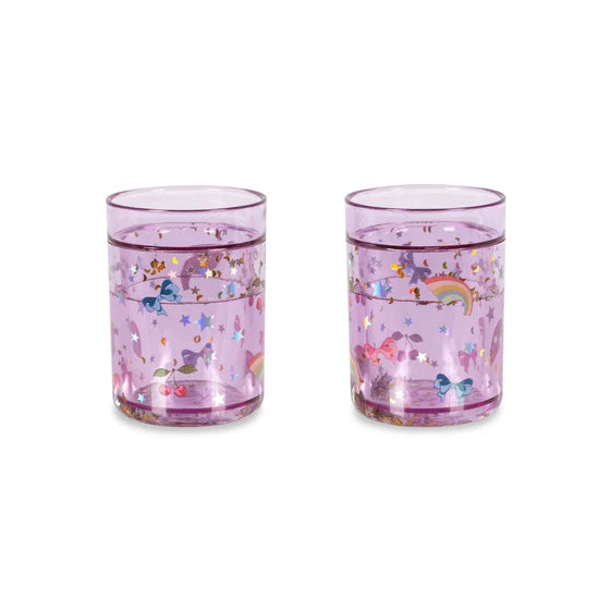 Set de 2 gobelets enfant pailletés violets Konges Slojd Rainbow Twinkle avec arcs-en-ciel et étoiles