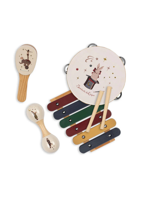 Set d’instruments de musique Circus Konges Slojd avec valisette, tambourin, xylophone, maracas et castagnettes