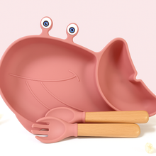  Set repas bébé silicone baleine rose avec cuillère et fourchette bois