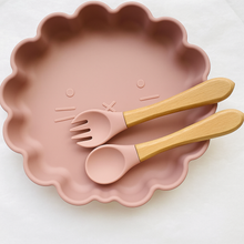  Set repas bébé silicone ours ocre avec cuillère et fourchette bois et silicone Les Petits Citrons.