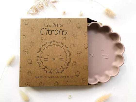 Set repas bébé silicone ours ocre avec cuillère et fourchette bois et silicone Les Petits Citrons.