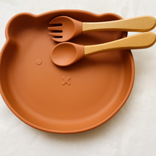  Set repas bébé silicone ours ocre avec cuillère et fourchette boisé silicone Les Petits Citrons.