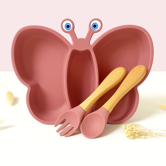 Set repas en silicone vieux rose en forme de papillon avec couverts bébé Les Petits Citrons