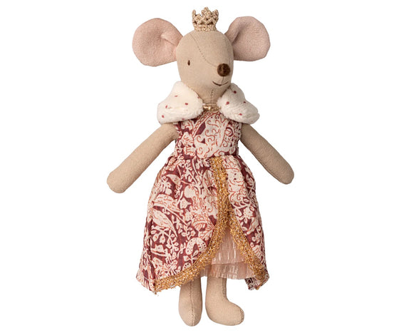 Souris Reine Maileg – Maman dans sa tour, poupée miniature en tissu avec robe royale et couronne dorée