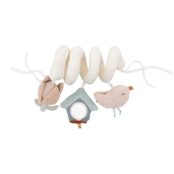 Spirale d’activités bébé Jollein Lovely Birds – jouet sensoriel en tissu pour poussette avec oiseau, fleur et miroir