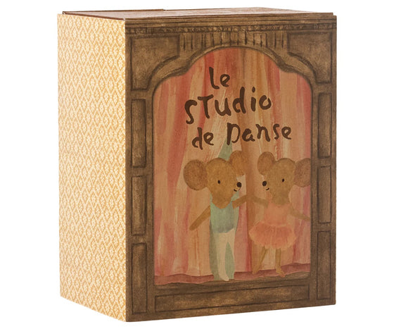 Studio de danse Maileg avec petite sœur et petit frère souris, miroir et barre de danse