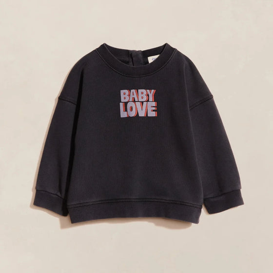 Sweat Baby Love en coton bio garment dye noir pour bébé et enfant - Émoi Émoi.