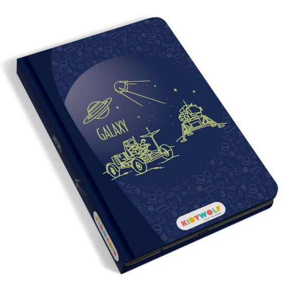 Tablette à dessin bleu nuit Kidydraw Mini Galaxie – Kidywolf, avec illustrations spatiales