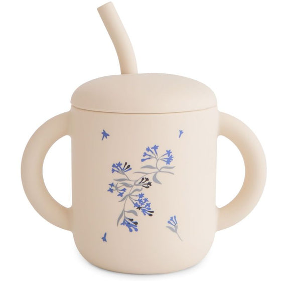Tasse à paille Mushie Lilac Flowers en silicone avec poignées pour bébé