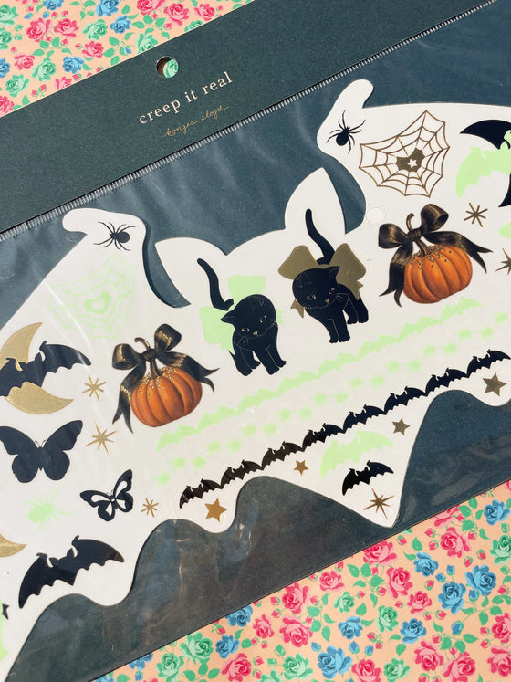 Tatouages phosphorescents Halloween pour enfants – Konges Sløjd (chats noirs, citrouilles, chauves-souris, fantômes)