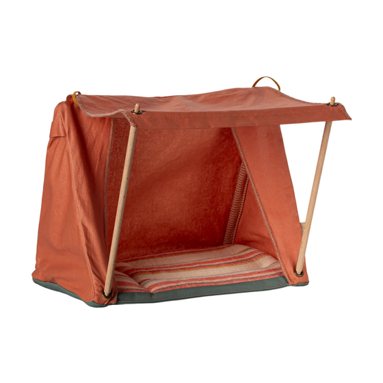 Tente Maileg Happy Camper orange pour souris – accessoire de camping miniature avec matelas rayé