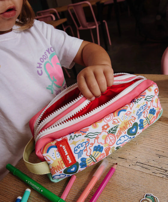 Trousse Hello Hossy Happiness Flore avec imprimé coloré et double fermeture zippée