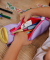 Trousse Hello Hossy mini mauve avec fermeture rose et extrémités jaunes