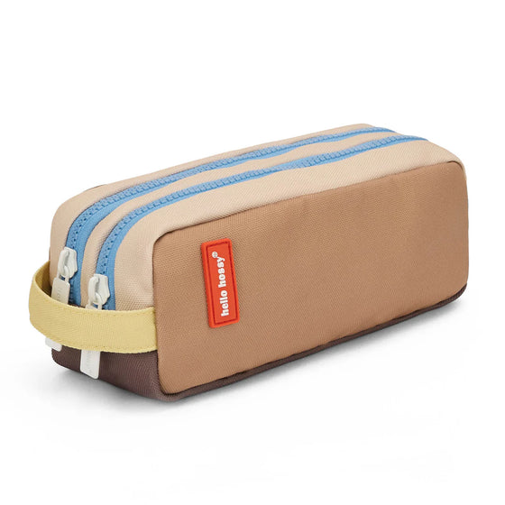 Trousse Hello Hossy Mini Walnut beige et marron avec deux fermetures zippées bleues