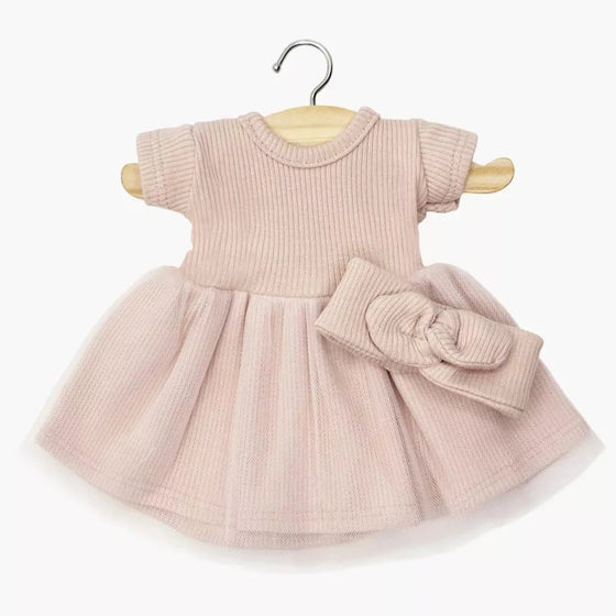 Robe tutu Rosanna et headband en lin Minikane – tenue élégante pour poupée Babies 28 cm