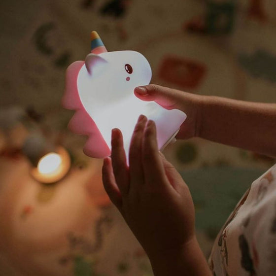 Veilleuse licorne rechargeable blanche avec crinière rose et corne colorée – lumière douce pour enfant