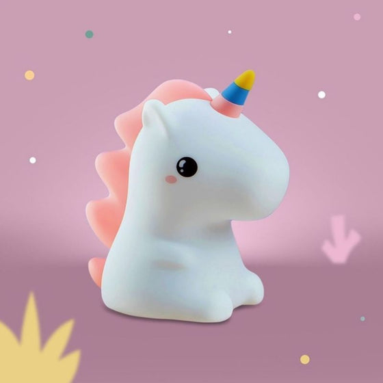 Veilleuse licorne rechargeable blanche avec crinière rose et corne colorée – lumière douce pour enfant