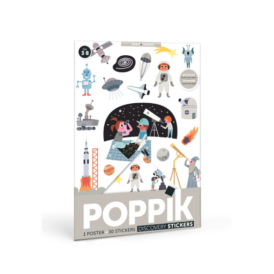 Mini poster à sticker - 1 poster + 30 stickers (3-8 ans) - L'Espace (Gris) - Poppik