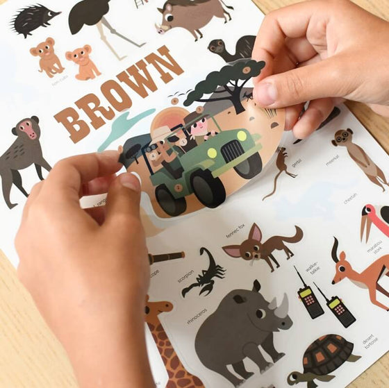 Mini poster à sticker - 1 poster + 27 stickers (3-8 ans) - La Savane (Brun) - Poppik
