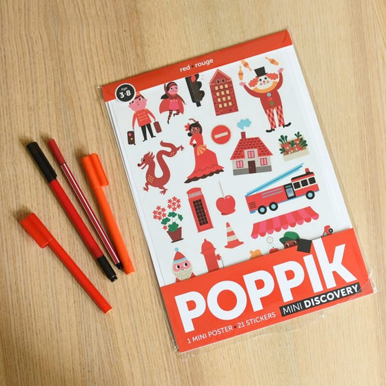 Mini poster à sticker - 1 poster + 26 stickers (3-8 ans) - La Ville (Rouge) - Poppik
